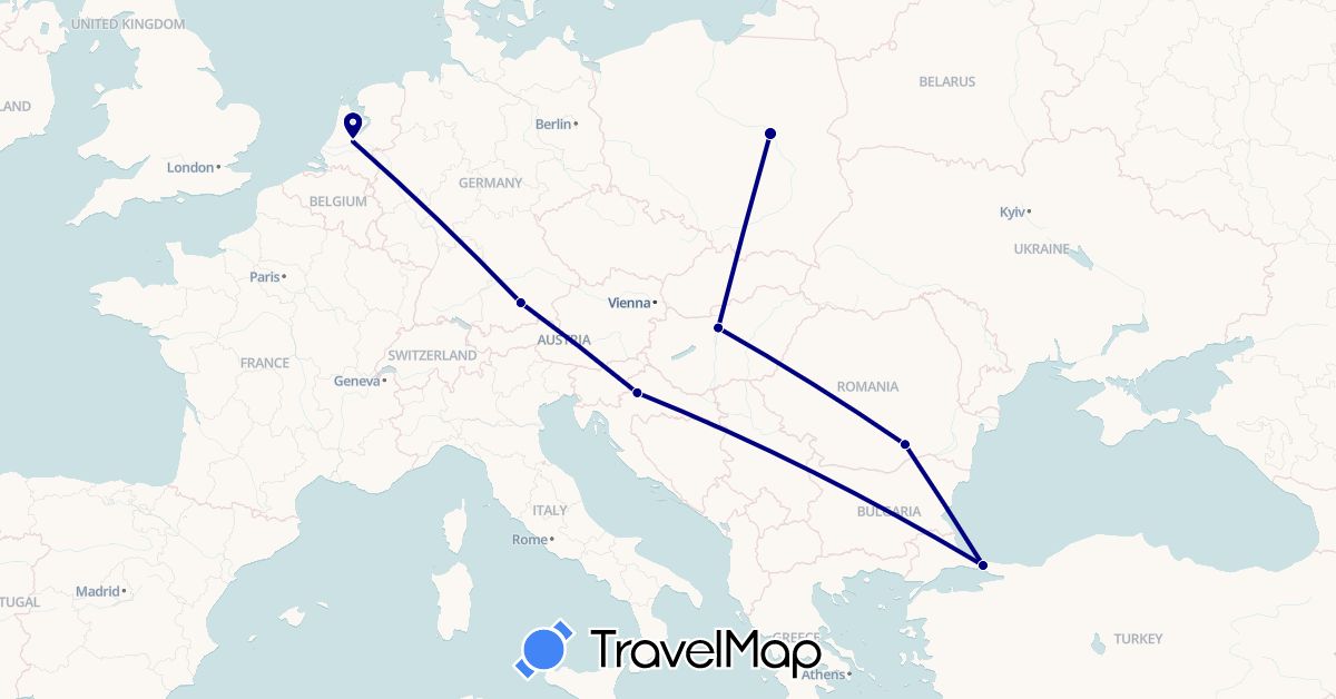 TravelMap itinerary: driving in Germany, Croatia, Hungary, Netherlands, Poland, Romania, Turkey (Asia, Europe)